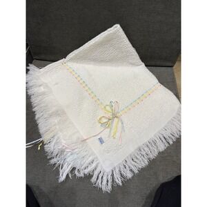 Vintage Neiman Marcus Made In Spain White With Rainbow Ribbon Knit Blanket